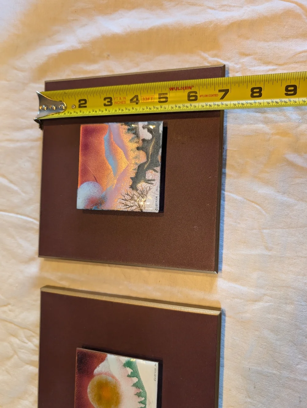 2/50$ Vintage Brown Framed Dual Mini Landscape Enamel On Copper Wall Art - Picture 6 of 6
